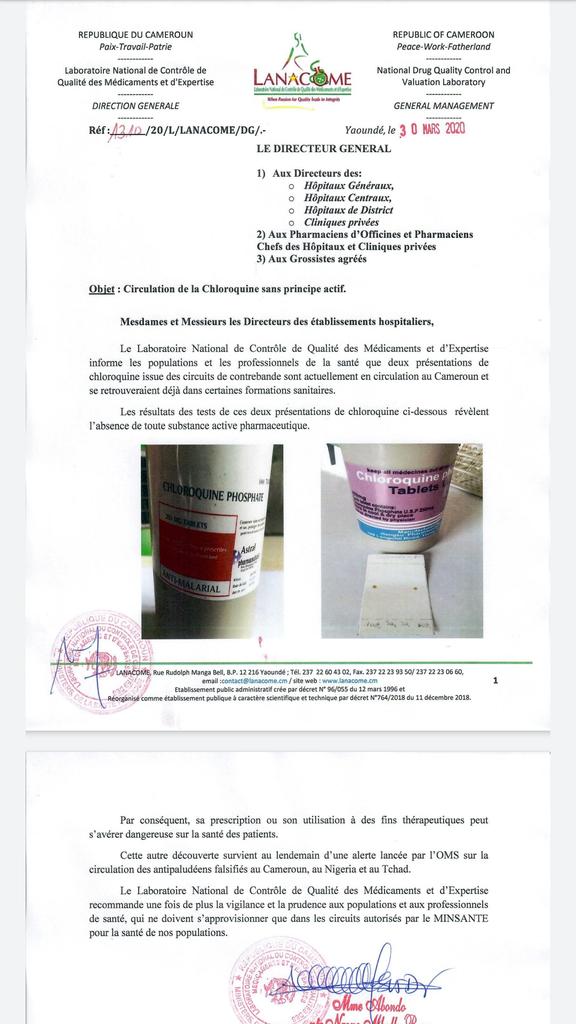 Asitchoma's tweet photo. Avis à ceux qui achètent la #chloroquine et se font prescrire sans passer par les hopitaux du circuit du #Covid19Cmr,
#Lanacome dit que la chloroquine issue de la contrebande se retrouve dans certaines formations sanitaires et sont sans Principe actif.
Son utilisation est 1danger https://t.co/niXymP0cFD