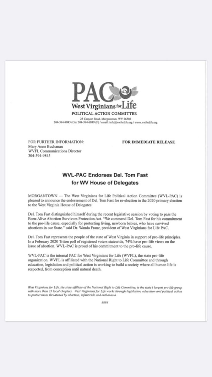 DelegateFast's tweet photo. I am proud to have been endorsed by the West Virginians for life. I will ALWAYS continue to fight for the unborn. https://t.co/rKgludAnoA