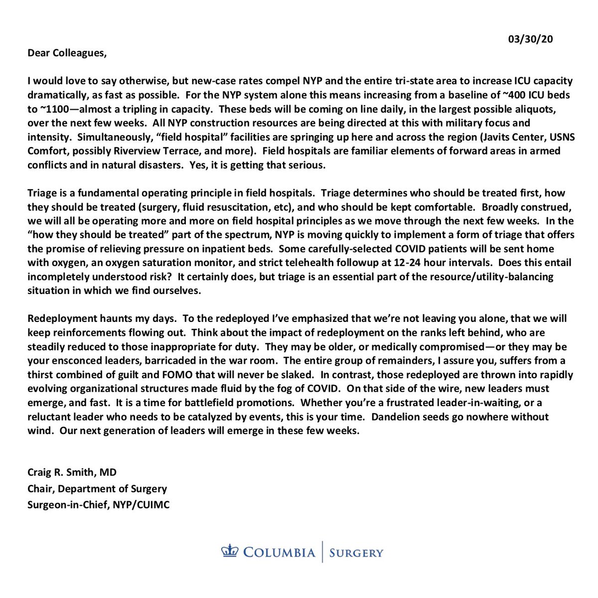 COVID-19 Update: Monday, 3/30/20It's time for today's  #COVID19 crisis update from Dr. Smith:  https://columbiasurgery.org/news/covid-19-update-dr-smith-33020  #NationalDoctorDay