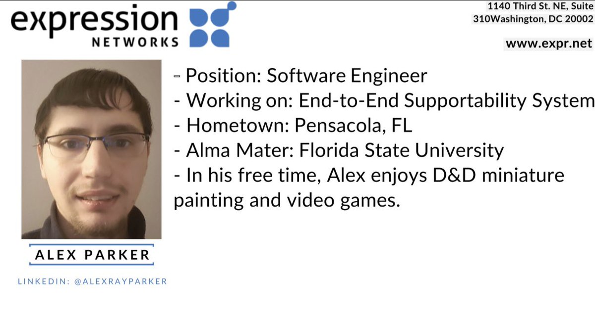 expr_ai's tweet photo. Alex Parker is a new member of the team at Expression! Alex is currently working on End-to-End Supportability System (E2ESS). 
https://t.co/GDWRQMHY36
#expression #welcometotheteam #networking https://t.co/rsS5EPn5Ut
