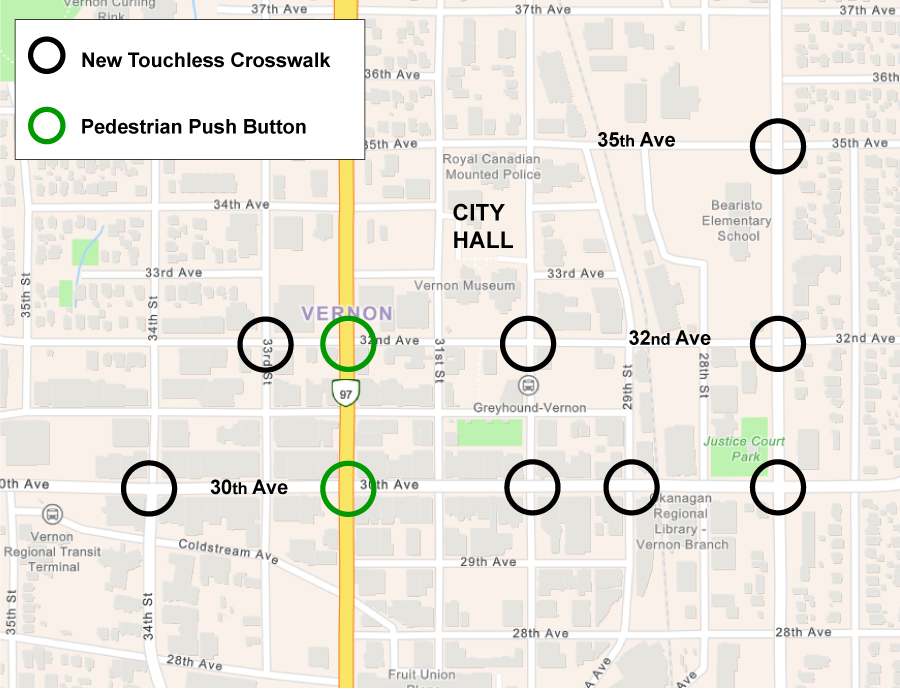CityofVernon's tweet photo. Changes are being made to several intersections in the downtown core this week, to automate pedestrian crossings and reduce touch points at traffic lights.
Learn about the changes here: https://t.co/HPosW4zACv
#VernonBC #ActivateLife https://t.co/q4b2NjPlEA