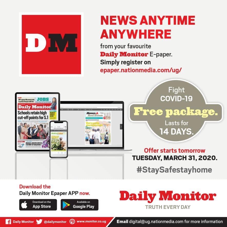 qataharraymond's tweet photo. For the next 14 days of the lockdown and to help you access critical journalism, the @DailyMonitor e-paper will be free. 

While quality journalism takes investment to produce, we believe it remains a public service. 

Register for your free copy everyday of the 14 https://t.co/U7q2c829mJ