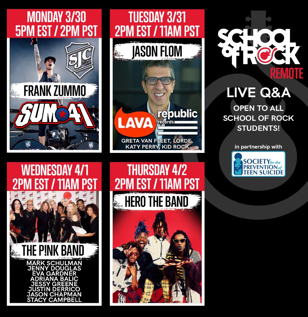 SORSanRamon's tweet photo. School of Rock Artist Sessions! Frank Zummo just went live! This is exclusively available to SOR students. Check your email now for the link to join!
#frankzummo #sum41 #artistsession https://t.co/CYcP03zK9D