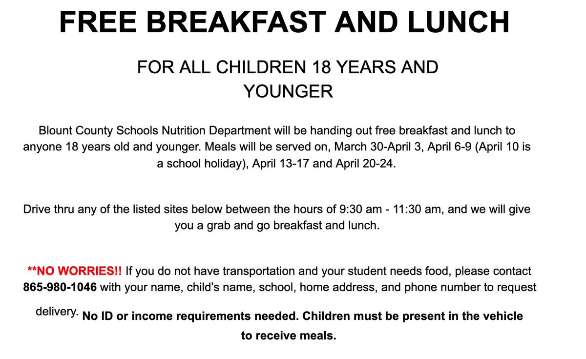 BCS is offering free breakfast and lunch during the dates and times below! Please share! Next tweet will be the locations!