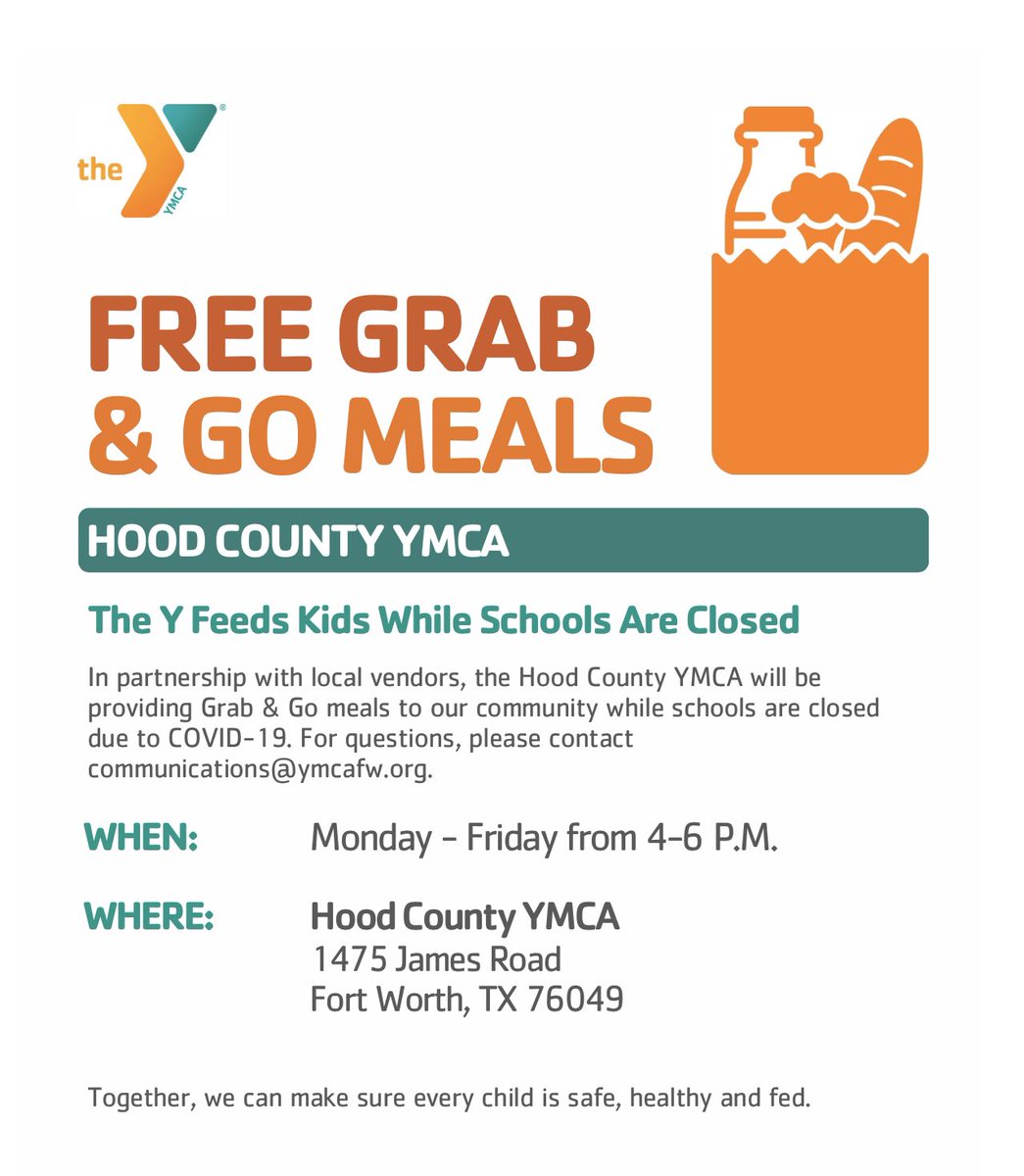 Hood County YMCA is providing free “grab and go” evening meals for all children in need while schools are closed. Meal distribution is 4-6pm weekdays at the Y (1475 James Road across from Acton Middle School). The YMCA meals start tomorrow (Tues., March 31).
