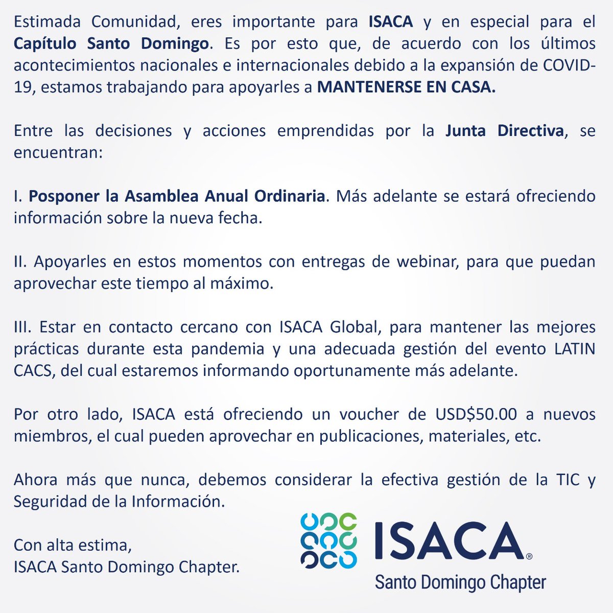 isacasdchapter's tweet photo. Estimada Comunidad, eres importante para ISACA y en especial para el Capítulo Santo Domingo.
#ISACA #ISACASD #ISACASDC #ISACASDChapter #ISACACapítuloSD #LatinCACS #LatinCACS2020 #LatinCACSRD #CISA #CRISC #CSX #CISM #CGEIT #COBIT #SheLeadsTech https://t.co/z15hdgNnKd