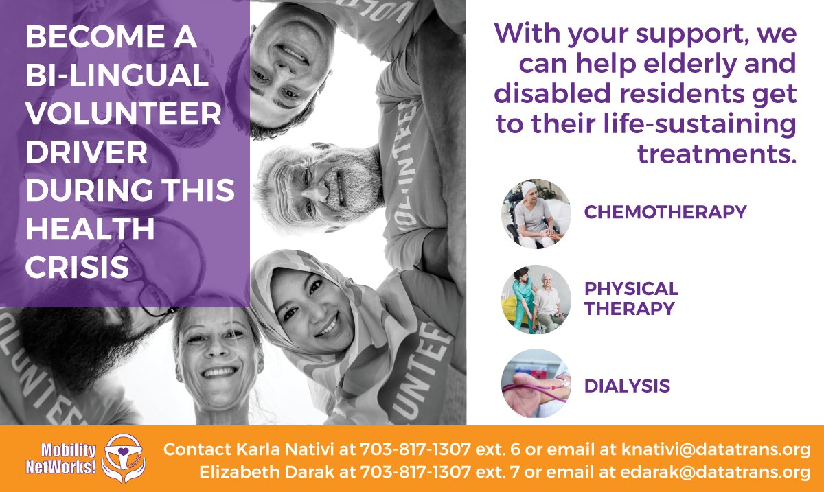 WE NEED YOU! We are looking for bilingual volunteer drivers who are willing to help local non-English speaking elderly and
disabled residents who must undergo life-sustaining treatments. Any languages are welcome to serve our
diverse population. Are you ready to volunteer?