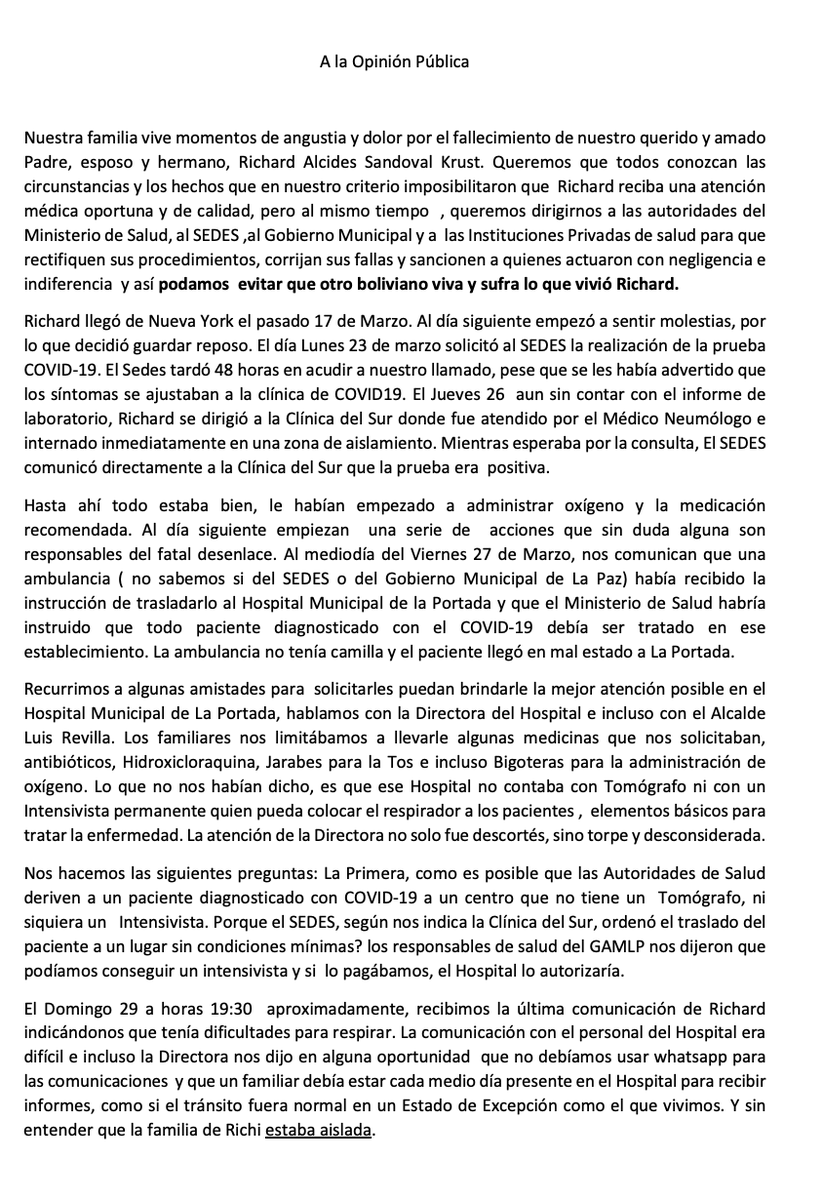 AgustinZambrana's tweet photo. Comunicado Oficial de la Familia del Fallecido, Richard Sandoval en la ciudad de La Paz.

Queda una pregunta en el aire muy importante a realizar, ¿quien dio la orden de trasladar al paciente del Centro Clínico Privado al Hospital Municipal? Pero no institución, sino la persona.. https://t.co/zydy9aWRMT
