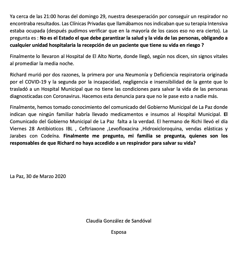 AgustinZambrana's tweet photo. Comunicado Oficial de la Familia del Fallecido, Richard Sandoval en la ciudad de La Paz.

Queda una pregunta en el aire muy importante a realizar, ¿quien dio la orden de trasladar al paciente del Centro Clínico Privado al Hospital Municipal? Pero no institución, sino la persona.. https://t.co/zydy9aWRMT