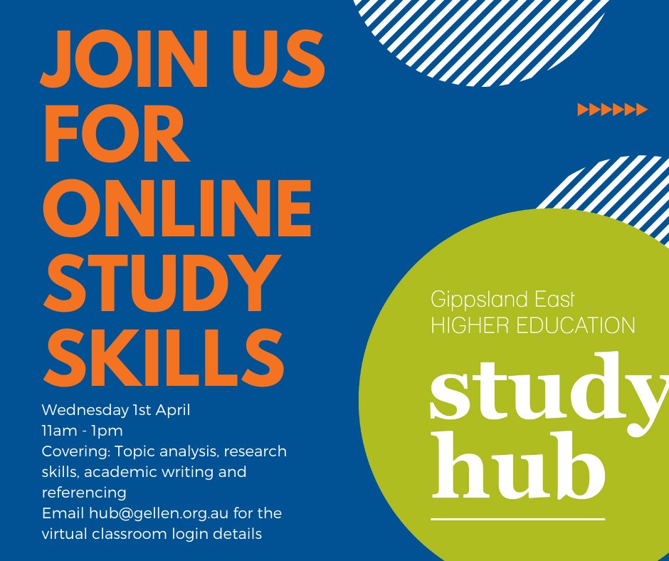 The #GippslandEastStudyHub together with partner #FederationUniversity are hosting a virtual classroom on Wednesday 1st April from 11am - 1pm.
Covering themes such as topic analysis, research skills, academic writing and referencing.

#FedUni #GippslandEastStudyHub #studysession