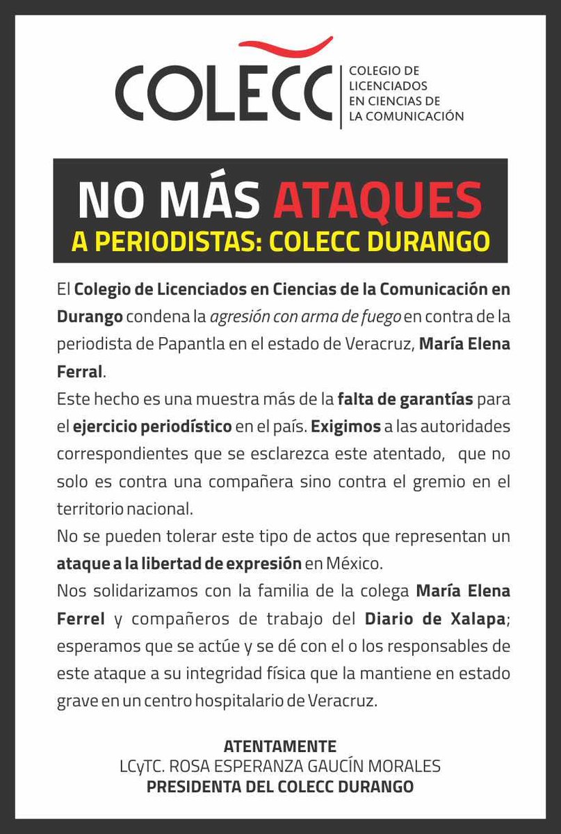 El  Colegio de Licenciados en Ciencias de la Comunicación en Durango <a href="/ColeccDgo/">COLECC Durango</a> condena la agresión en contra de la periodista María Elena Ferral, exigimos garantías para el ejercicio periodístico en el país <a href="/CNDH/">CNDH en México</a> <a href="/CedhDurango/">CEDH Durango</a> <a href="/GobiernoMX/">Gobierno de México</a> <a href="/OEMenlinea/">OEM</a>
