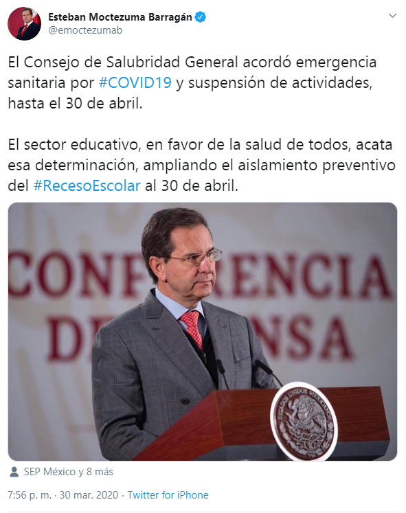 #EmergenciaSanitaria también se amplía el #RecesoEscolar hasta el 30 de abril.