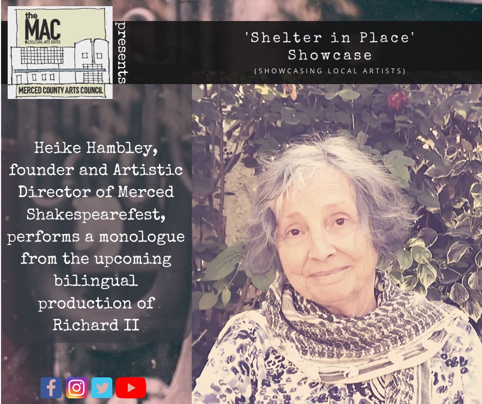 artsmerced's tweet image. Heike Hambley,  Artistic Director of @MercedShax , performs monologue from upcoming bilingual production of Richard II youtu.be/UbBpih6ToWM #inthistogether #covid_19 #stayhome #ShelterInPlace #artsmatter #localartists #communitymatters #artsmerced #mercedarts #shakespeare