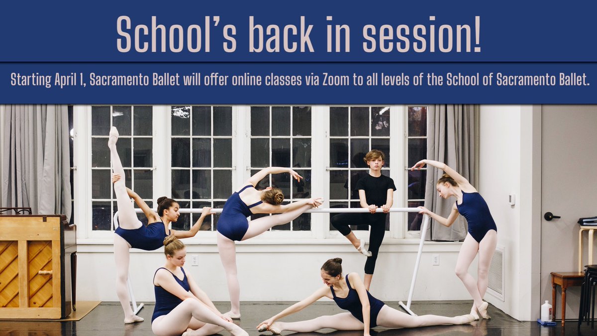 SacBallet's tweet photo. SacBallet's Virtual Classrooms begin April 1st!
We will offer online classes via Zoom to all levels of the School of Sacramento Ballet. 
Distance does not mean isolation. 
https://t.co/4M9Rsp0gcb
📷 Frances Chae
#SocialDistDancing #SacBStrong #DanceHeals https://t.co/CPUQHQCcS9