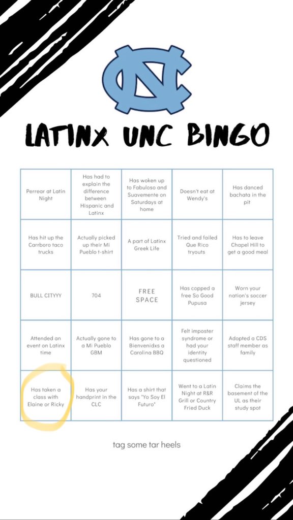 ElaineUtin's tweet photo. Making Latinx UNC Bingo = priceless 😭😍🥳 OK, y’all! Come register for EDUC 575 for the fall - plz &amp; thank you!! @UNCSchoolofEd @mipueblounc https://t.co/T9k96RYqtN