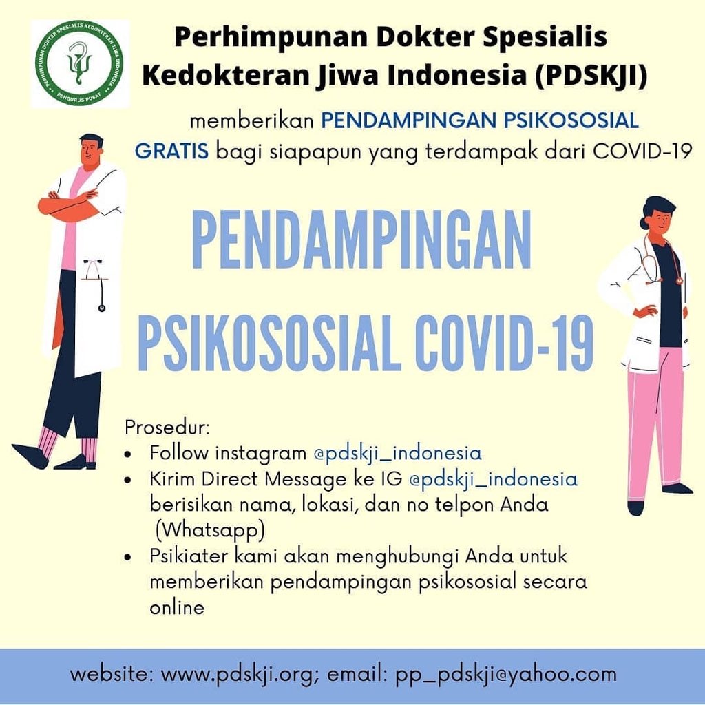jiemiardian's tweet photo. Perhimpunan Dokter Spesialis Kedokteran Jiwa Indonesia memberikan pendampingan psikososial COVID-19 secara cuma-cuma

Caranya gampang, follow IG (et)pdskji_indonesia, kirim DM nama, lokasi, no telp kesana. Pendampingan akan dilakukan secara online https://t.co/sA1Zi5clCm
