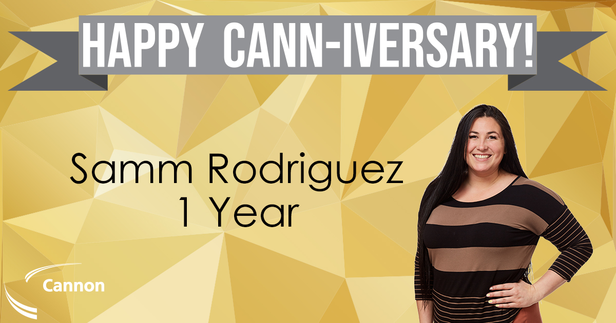 CannonCorp's tweet photo. Cheers to 1 year at Cannon Samm Rodriguez! Happy Cann-iversary! #Canniversary #Celebration #WorkAnniversary #teamwork https://t.co/YwmeUWQH7q