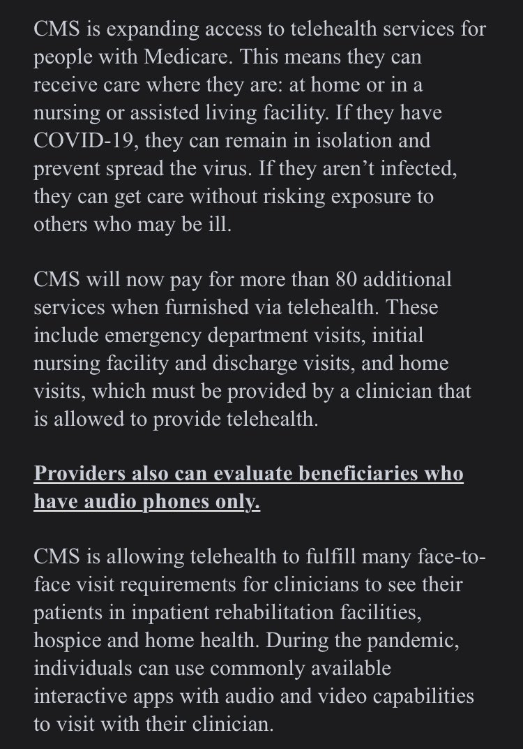 rshawnm's tweet photo. ATTN: big news from ⁦@CMSGov⁩ tonight - physicians will now be able to bill for care provided via telephone only. Important policy change. Thank you to ⁦@SeemaCMS⁩ and her team for this important change in payment policy. Big for ⁦@aafp⁩ members. https://t.co/vbyMwPWYOx