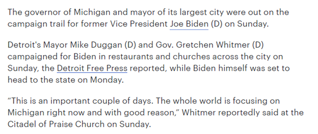 8/ One more month passes....3/8:  @GovWhitmer out and about glad-handing in the now hot-spot of Detroit for  @JoeBiden