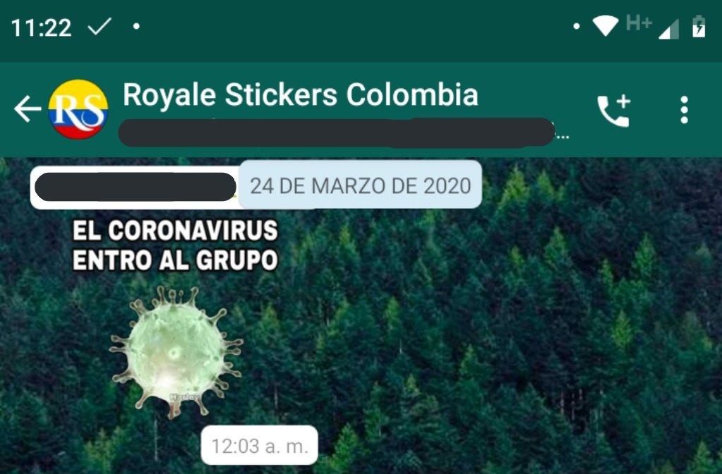 RoyaleStickers's tweet photo. Lamentamos informar que el Covid-19 ha llegado a Royale Stickers, el día 28 de Febrero uno de los grupos de WhatsApp dio positivo y hemos tomado todas las medidas para evitar que se expandiera, desafortunadamente el virus se ha expandido a todos nuestros grupos de WhatsApp https://t.co/3dDq4rg5Dx