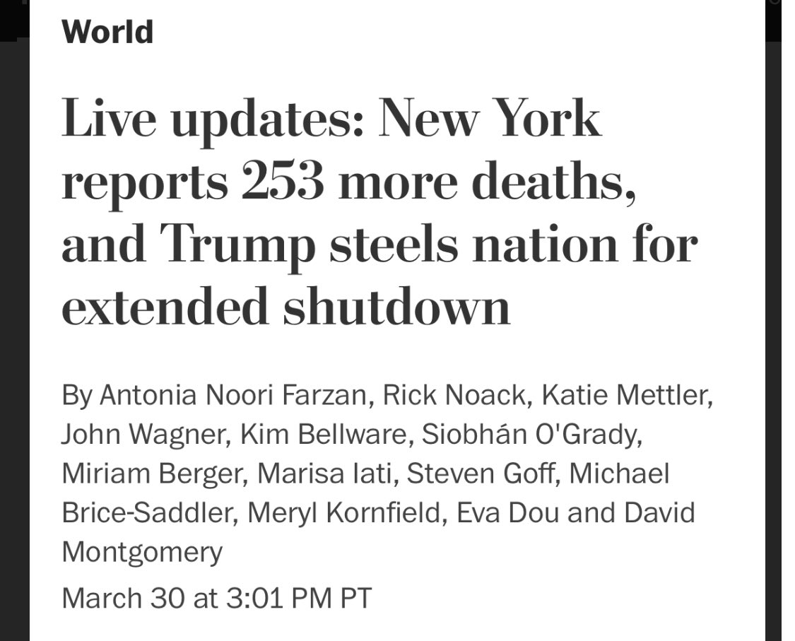 LOrion's tweet photo. MAR 30 #COVID19 #MDTHREAD 1: #GovCuomo (D) slammed #Trump Wants “partnership” not “partisanship” Mon https://t.co/EVTnCW5bv3 Announced 253 more coronavirus-related deaths. Health-care workers in the state continue to brace for an apex that experts believe is still weeks away. https://t.co/sp24M5Xc4J