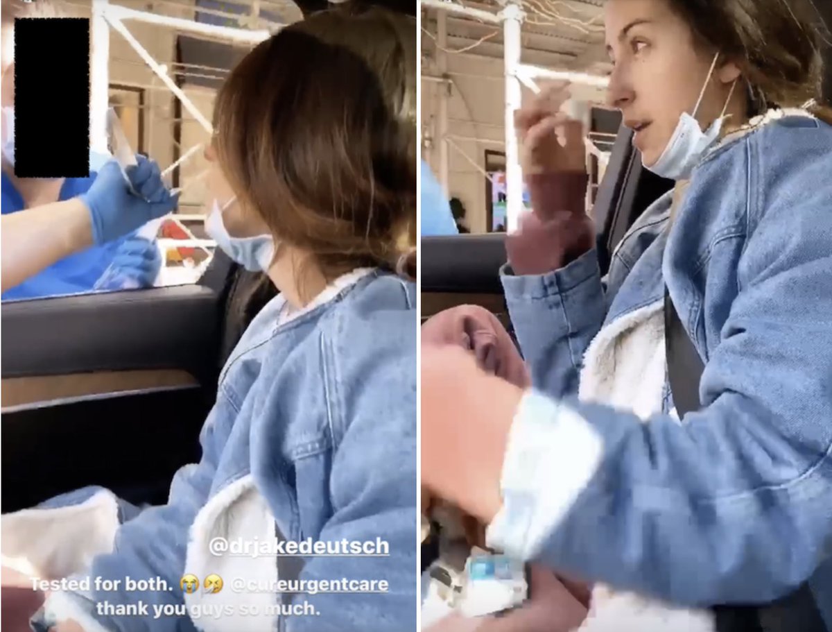Right away she “called up a doctor friend” to get flu & COVID tests in her car—literally the nurse came outside so Arielle wouldn’t have to walk in—and Arielle filmed it all for IG while plugging the doctor and his office. (Then she went silent for extra drama awaiting results.)