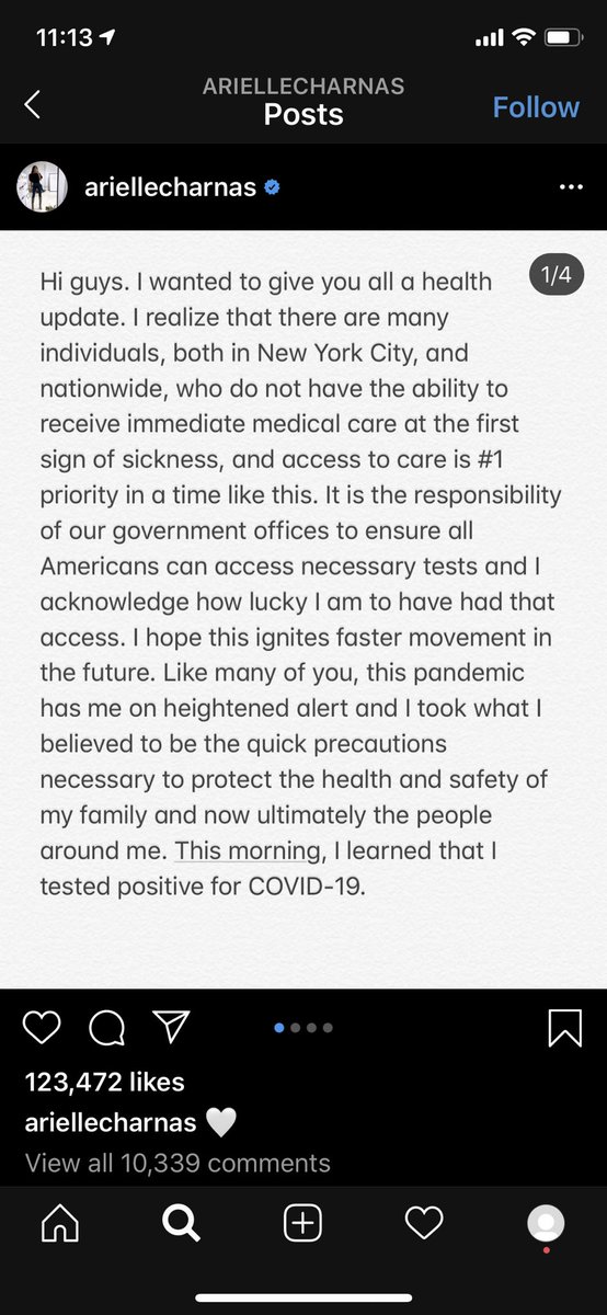 On 3/18, Arielle announced that she tested positive for COVID. She got her results back extremely quickly. It usually takes around 5 days (source: my COVID-positive friend who is actually *miserable* bc of the virus right now)