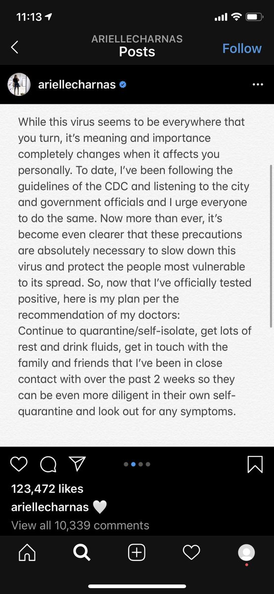 On 3/18, Arielle announced that she tested positive for COVID. She got her results back extremely quickly. It usually takes around 5 days (source: my COVID-positive friend who is actually *miserable* bc of the virus right now)