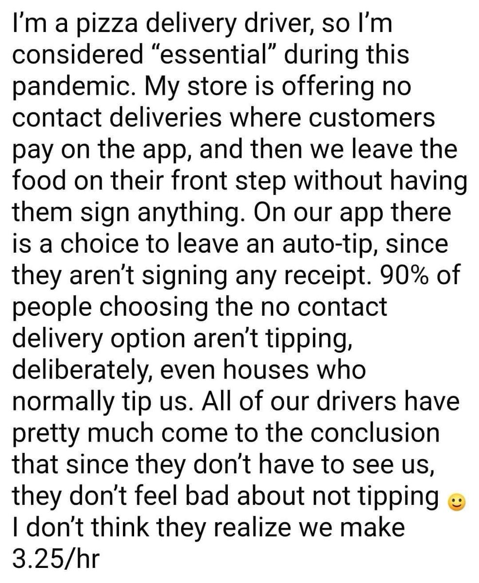 felixsalmon's tweet image. Because we normally only tip people we deal with directly and make eye contact with, we end up not tipping people doing no-contact deliveries.
