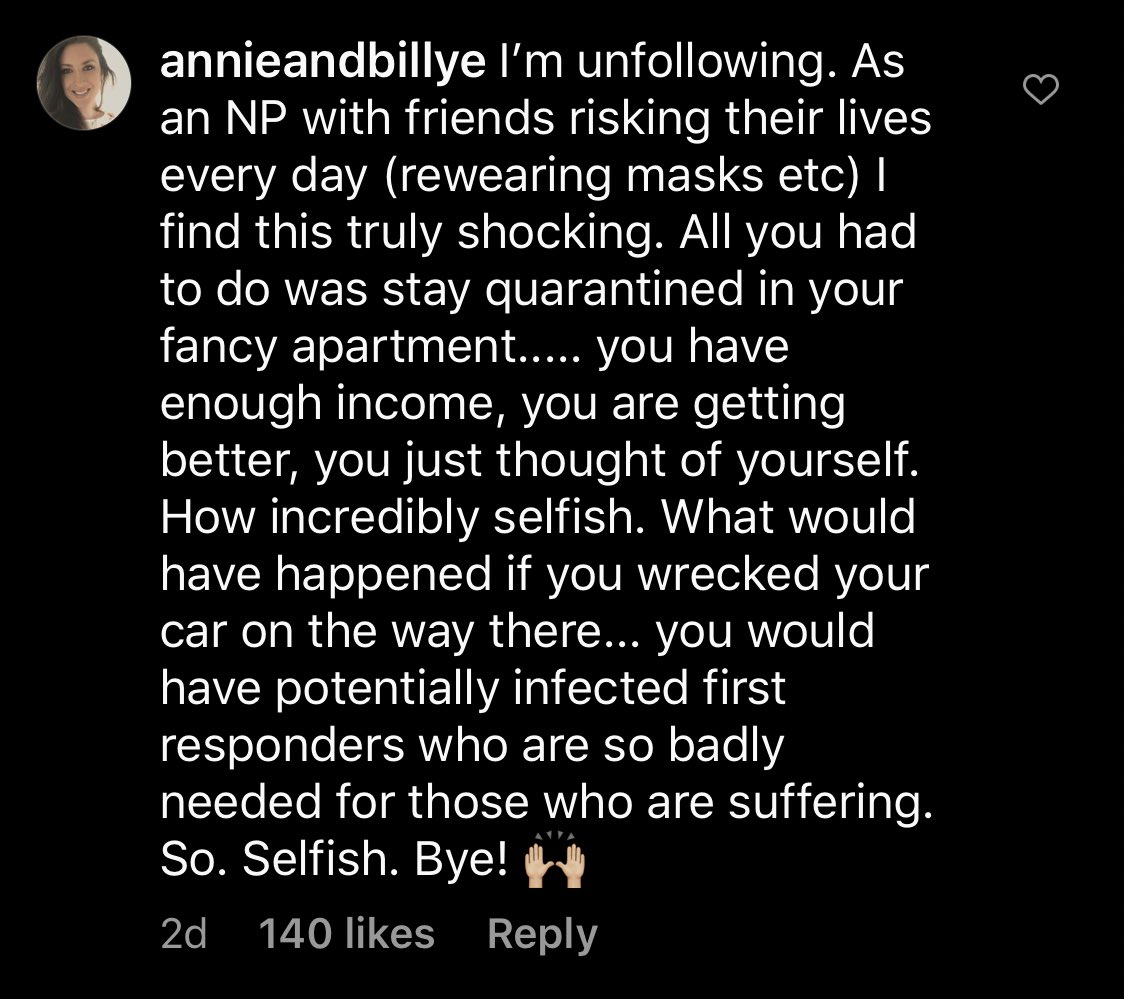 Even with thousands of angry commenters, she addresses nothing. (I’m sure she’s actually happy to get good organic engagement from this.) Next she posts a picture of herself literally walking down the streets of the Hamptons. With coronavirus.