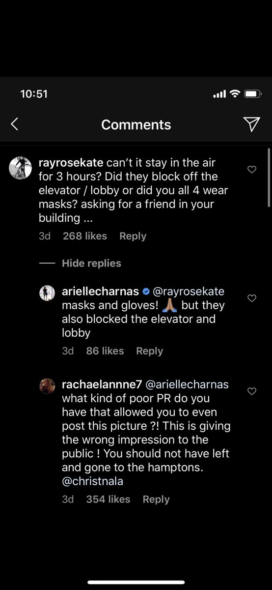 For context: she lives in a NYC doorman building. Arielle says she called her doormen to tell them they (aka COVID PATIENTS) were going to come down in the elevator and walk through the lobby. Apparently the doormen cleared everything out for them so they could leave for Hamps.