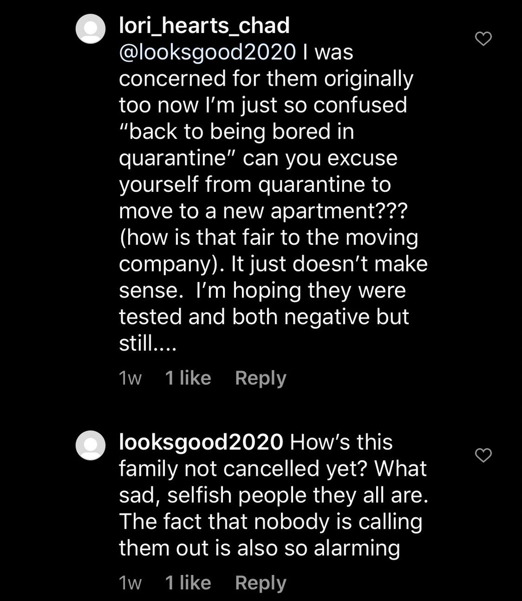 Arielle’s family members who have followings on IG have been with Arielle in the past few weeks (prior to her diagnosis) and do not appear to be concerned. Her sister MOVED the day after the diagnosis, and only cared that the MOVERS wore masks so *she* wouldn’t get COVID.