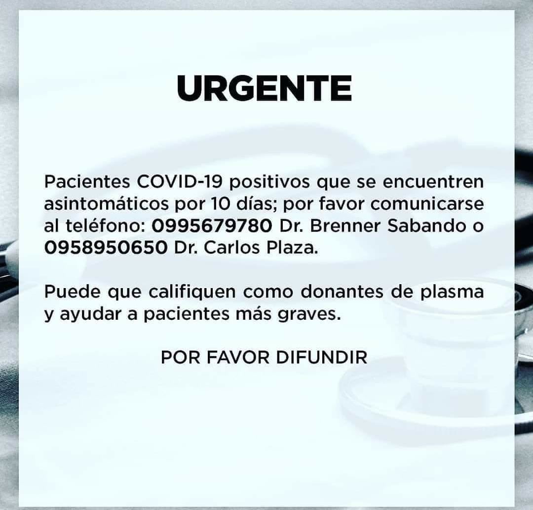 Dr_MCastillo's tweet photo. Se buscan pacientes recuperados de #COVID19 para donar plasma, más info en la imagen. #CoronavirusEcuador #Covid_19 #Covid_19ec https://t.co/SnV7D9M5nT