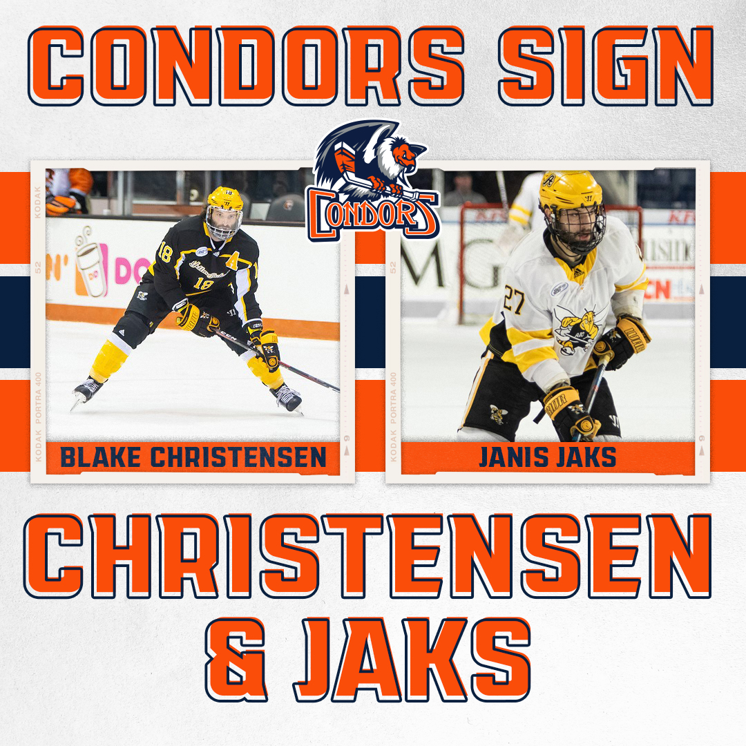 Added not one, but two <a href="/AIC_Hockey/">AIC Hockey</a> 🐝🐝 to #Condorstown as Blake Christensen and Janis Jaks have signed one-year <a href="/TheAHL/">American Hockey League</a> deals. 

📰 bit.ly/AICSignings