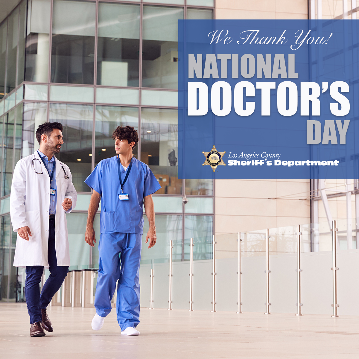 LASDHQ's tweet photo. Happy #NationalDoctorsDay to all our medical staff and professionals. #LASD Thanks you for working those tireless hours day in and day out. Your hard work and dedication does not go unnoticed. Hero's on the front-line combating #COVID19 #staywell  #FlattenTheCurve https://t.co/LSe5MlBZiK