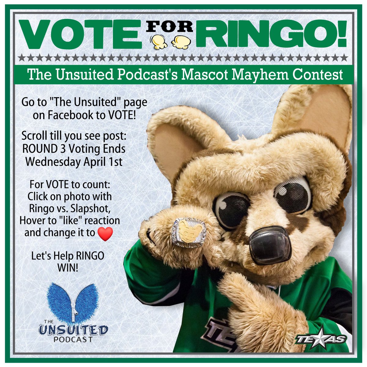 DanceCamDad's tweet photo. Let’s help @TXStarsRingo WIN @unsuitedpodcast Mascot Mayhem contest. Voting is on their Facebook page The Unsuited, click photo with Ringo and give it a ❤️! #texasstars #txstarsringo #voteforringo #mascotmayhem #theunsuitedpodcast #mascotchampion https://t.co/aygQBHXUHx