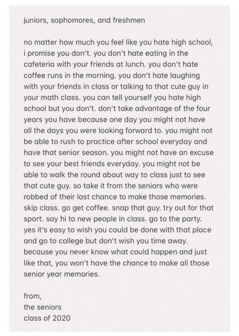 ABrenner13's tweet photo. Words from the Class of 2020. https://t.co/I0Tm7WK1Uw