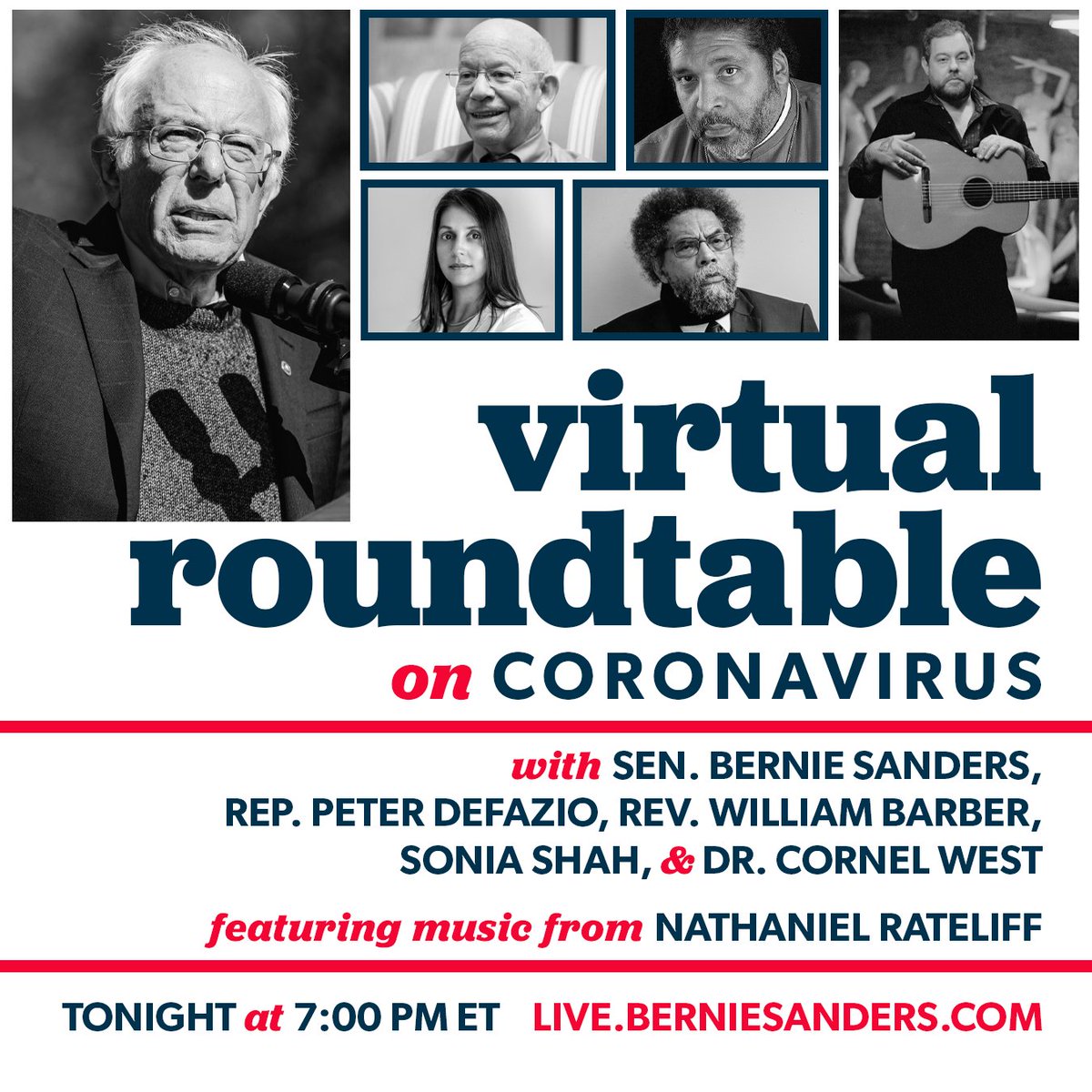 CornelWest's tweet photo. Today @ 7pm EST, @SenSanders will host a Livestream on the coronavirus pandemic with Rep. Peter DeFazio (D-Ore.), Rev. Dr. William J. Barber II, Sonia Shah and me.

JOIN US -- 

Livestream available at https://t.co/ZzDMTOYVPx https://t.co/EzYr3yxayD