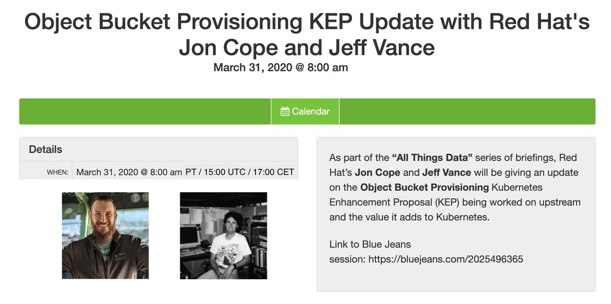 openshiftcommon's tweet photo. Don't Miss Tomorrow's @OpenShiftCommon's #AllThingsData Briefing : Object Bucket Provisioining KEP Update with Red Hat's Jon Cope and Jeff Vance tomorrow (March 31, 2020) @ 8am PT / 15:00 UTC >>> More details here:
https://t.co/yrJ8pU17Tl https://t.co/hwJwCLG4Qx