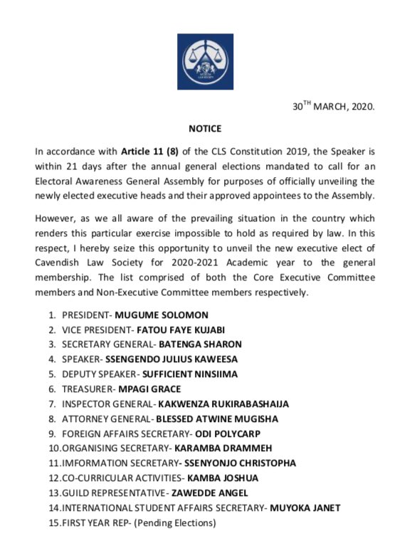 CLS congratulates its new executive of the 2020-2021 academic year. Wish you all the best. <a href="/RamonTindi/">Ramon Tindimwebwa</a> <a href="/CavendishUg/">Cavendish University Uganda</a> <a href="/ug_lawsociety/">Uganda Law Society</a> <a href="/ULSAssociation1/">Uganda Law Students Association</a> <a href="/agsugambia/">Association of Gambian Students in Uganda</a>