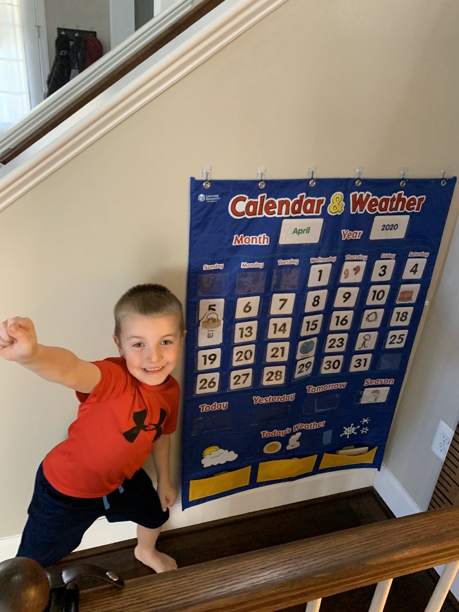 csquared80's tweet photo. His favorite day since home schooling started 2 weeks ago...he’s in charge of calendar the rest of the year! @HicksKinder https://t.co/y2TRaObMJr