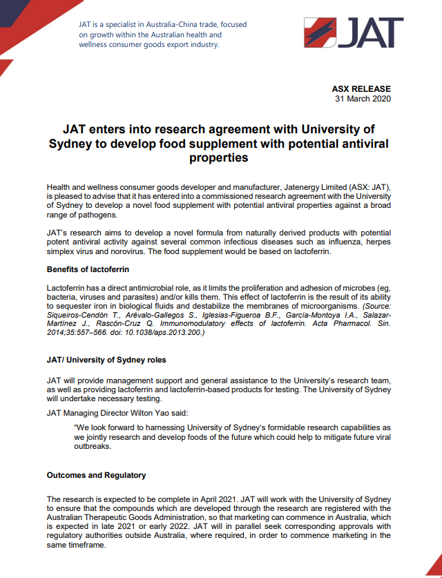 Jatenergy's tweet photo. $JAT to develop antiviral food supplement: https://t.co/tiygX6RNJe https://t.co/rEdbgMmq5D