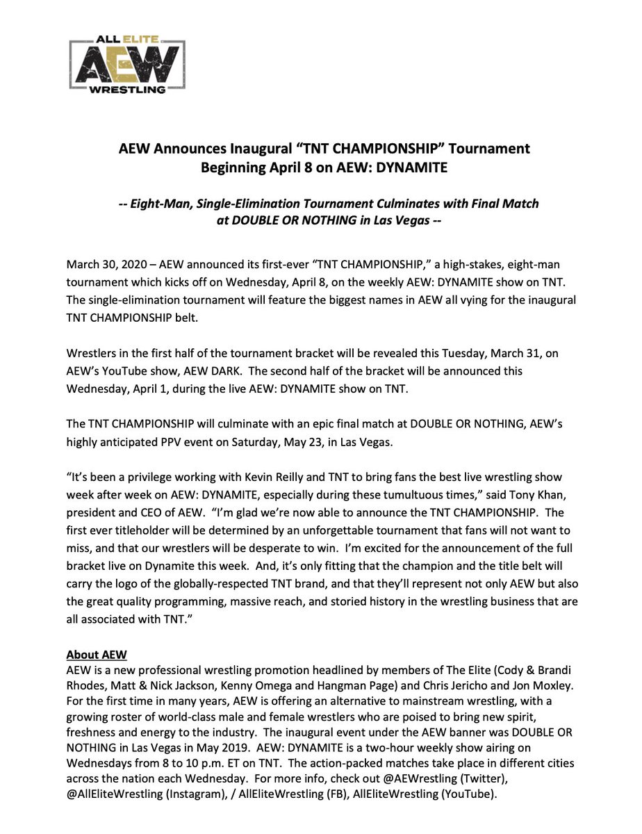 AEW's tweet photo. As announced via #RoadToDynamite
We have announced our first-ever “TNT CHAMPIONSHIP,” a high-stakes, eight-man tournament which kicks off on Wednesday, April 8, on the weekly AEW: DYNAMITE show on TNT. https://t.co/uZXEHomB6b