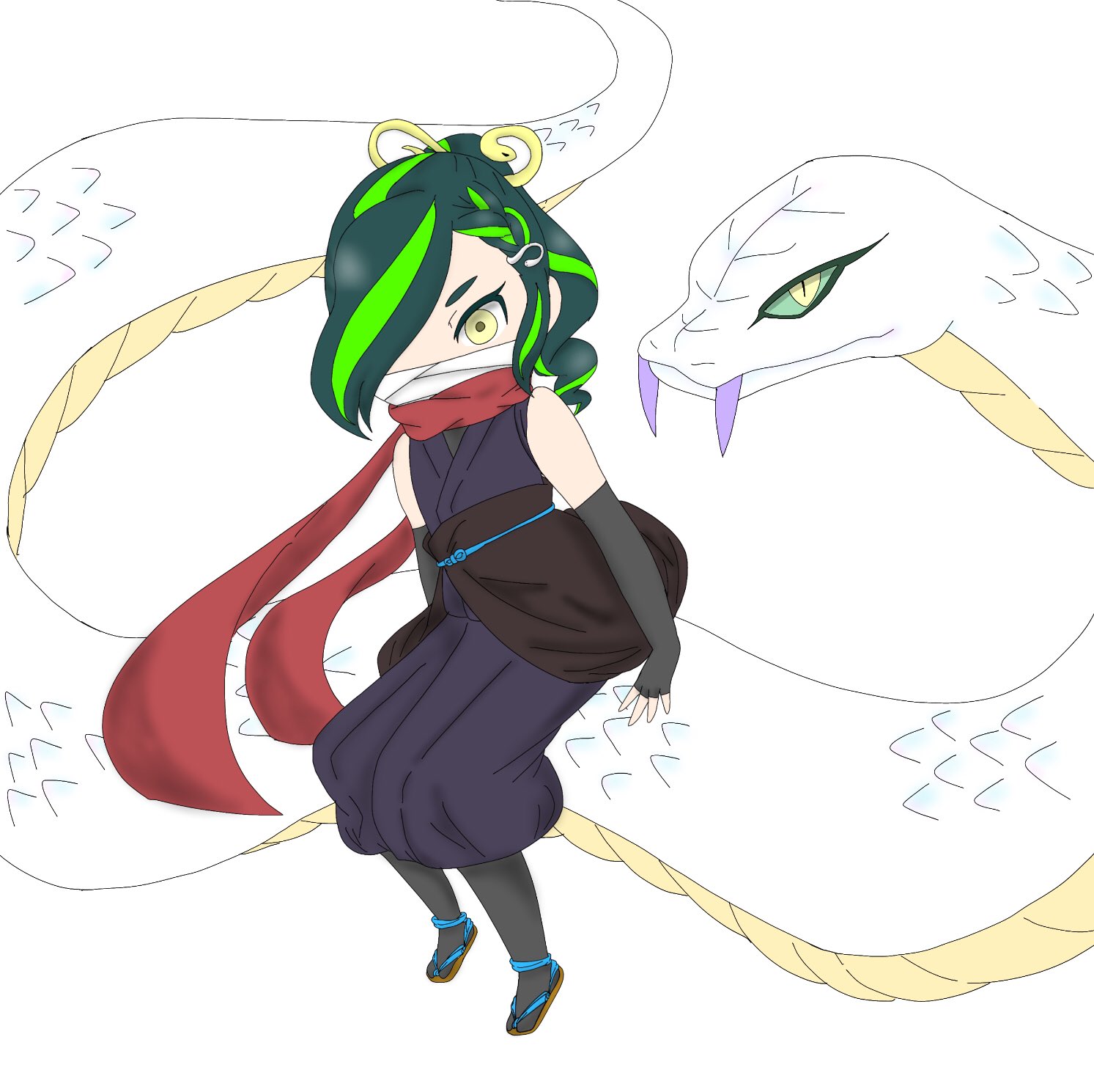 Kuroishicitytproject 妖怪名 蛇風オロチ 転生前の妖怪 オロチ 妖怪の説明 転生したら何故か女の子になってしまったオロチ とてつもなく速い動きで走る姿はまるで獲物を喰らおうとする蛇のよう ちなみに座っている蛇は龍のマフラーの