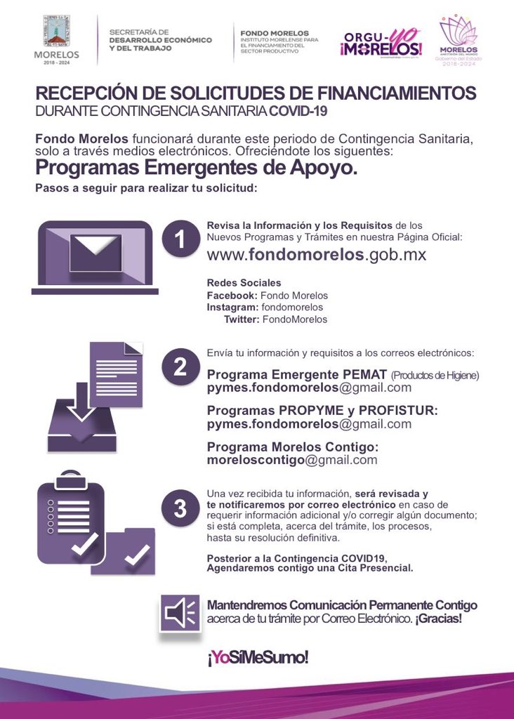 SDEyT_Morelos's tweet photo. Les compartimos la siguiente información referente a los
#ProgramasEmergentesDeApoyo y al #ProgramaDeReestructura que desde Fondo Morelos implementamos. En días siguientes estaremos compartiendo los demás programas.
#NoEstasSolo 🙋🏼‍♂️🙋‍♀️
Consulta: https://t.co/qPgAaTqDsq 👈🏼 https://t.co/gYy4UMA4YY