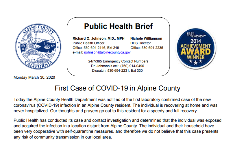 Alpine County is reporting its first confirmed case of COVID-19 this afternoon.

alpinecountyca.gov/DocumentCenter…