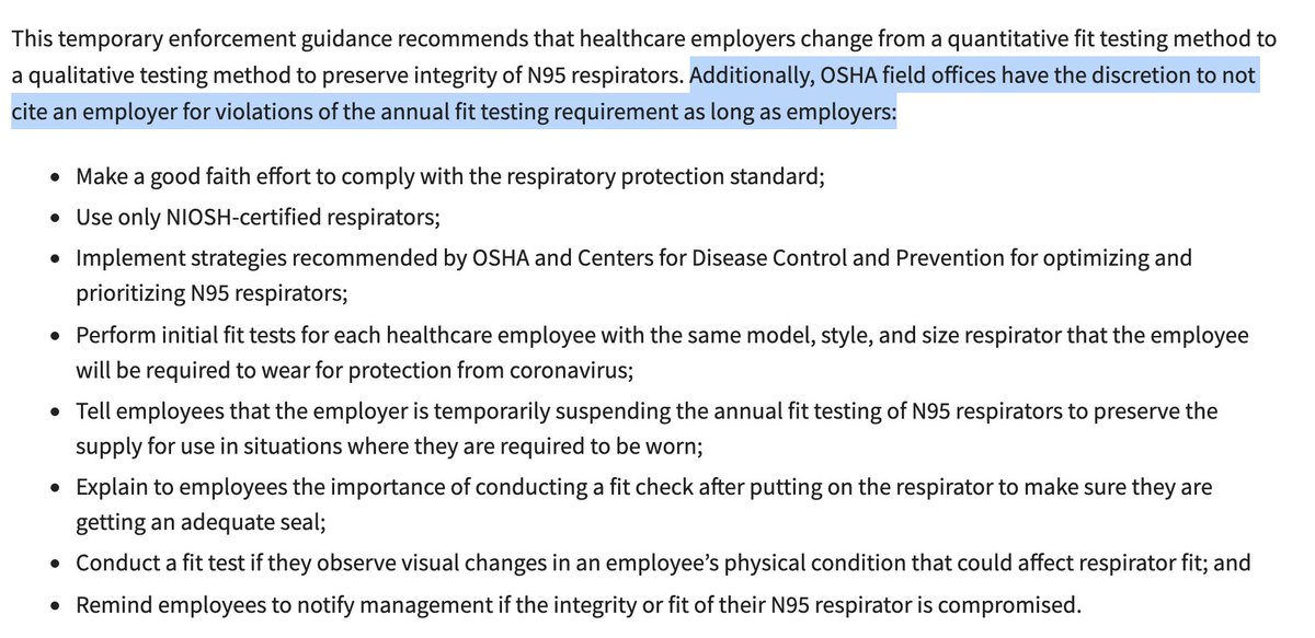 (Also, OSHA is generally relaxing enforcement of safety standards given the shortage, in case that was a barrier for any reason. Though given the existing CDC approval of elastomeric respirators, I'd assume it shouldn't have been an issue?)  https://www.dol.gov/newsroom/releases/osha/osha20200314