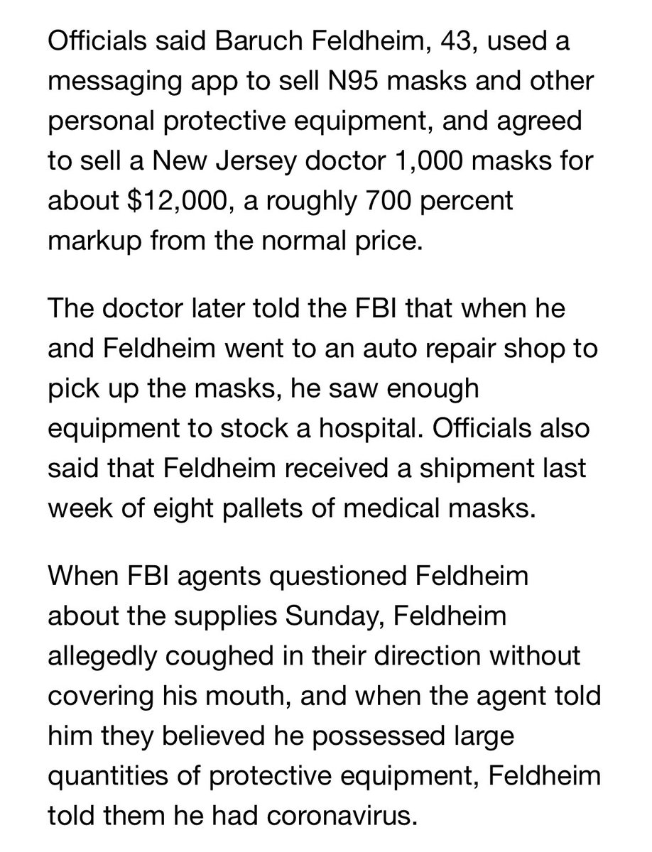LOrion's tweet photo. MAR 30 #COVID19 #MDTHREAD 6: 6:21 PM @FBI agents arrested a #Brooklyn man #BaruchFeldheim suspected of #pricegouging doctors desperately seeking masks and other #PPE gear, charging him with assault for #coughing on agents and claiming he had #coronavirus. @maddow @CNN @RepAOC https://t.co/fmTJuQW6s2