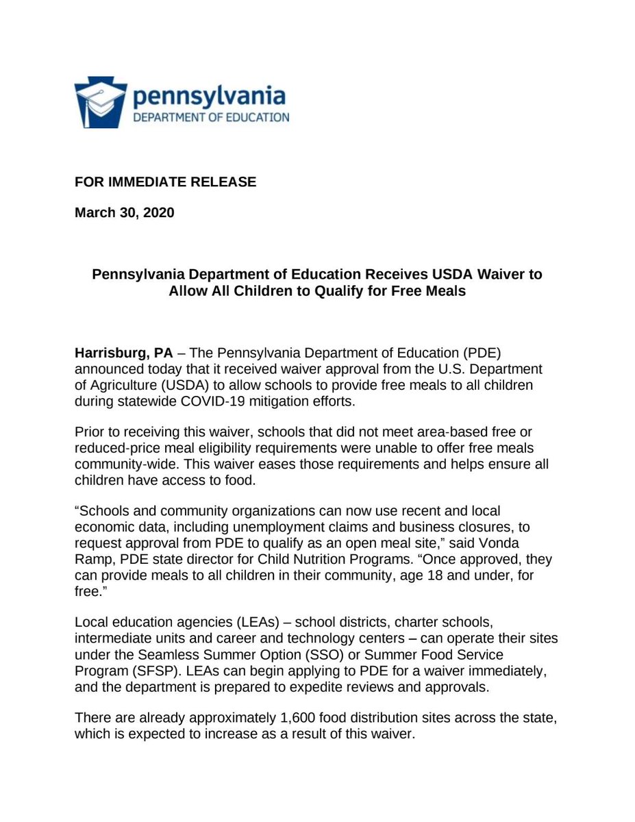 ColumbiaCoEMA's tweet photo. Pennsylvania Department of Education Receives USDA Waiver to Allow All Children to Qualify for Free Meals https://t.co/3SPikAcCg4