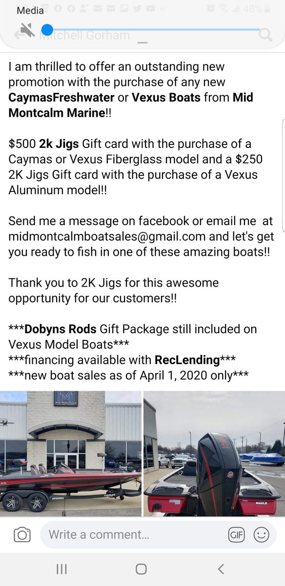 Customfishn's tweet photo. Great deal on the purchase of a new #caymas or #vexus bass boat. #MIDMONTCALMMARINE.com Message me and I can get you in touch with the right people. Also check out #RecLending.com for financing. https://t.co/zgoKnJYLnb